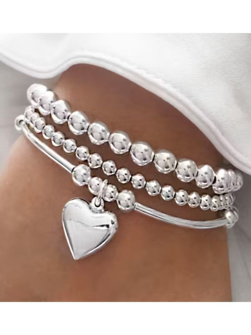 NWT Silver Plated Beaded Heart Stretch Bracelet Stack 3pc